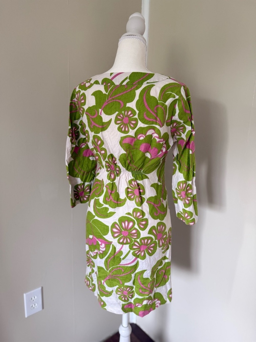 Vintage Boden Green & Pink Floral Tunic Mini Dress 100% Linen Y2K 70s - Picture 3 of 10